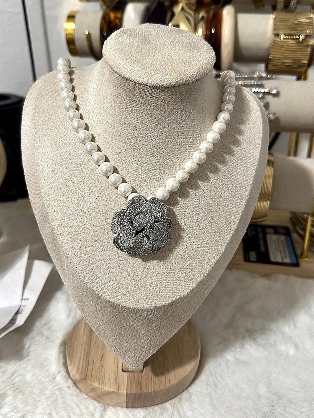 Chanel Crystal Camellia Pearl Choker Necklace White & Gray